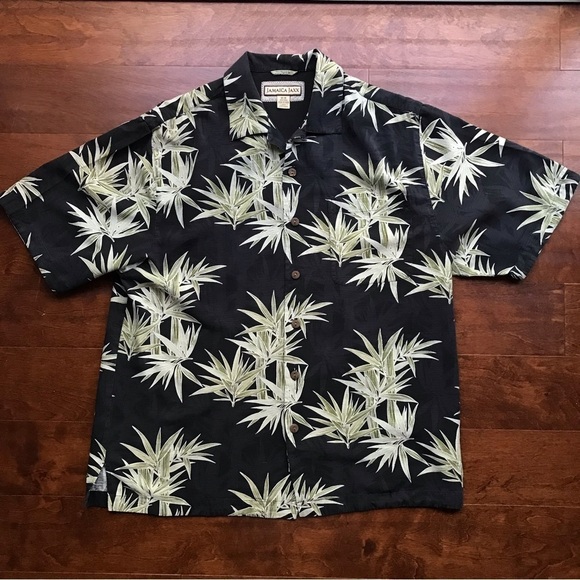 Jamaica Jaxx 100% Silk Tropical Shirt, Washed Black with Bamboo Fronds, Size Med - Picture 1 of 12